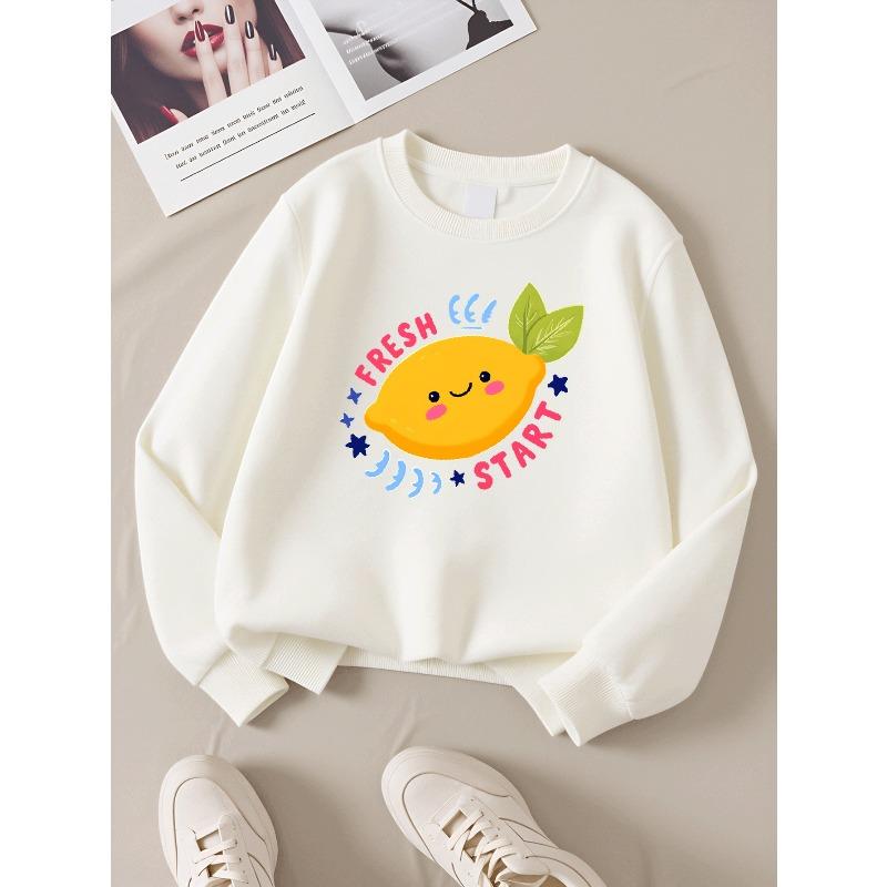 European sizes Fresh Lemon Start Day Girls' Crew Neck Sweatshirt, Autumn Winter Western Top, Long Sleeved Casual.