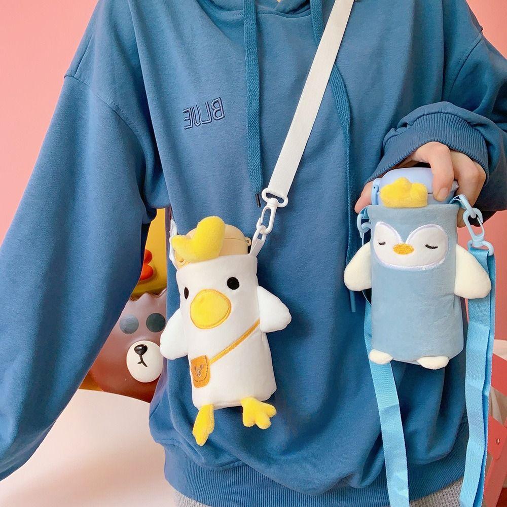 Water Bottle Bag with Adjustable Strap Cartoon Animals Insulated Cup Sleeve Portable Carrying Milk Tea Crossbody Bag