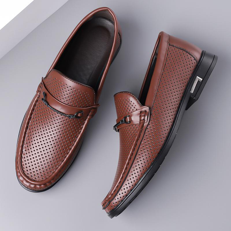 Fashionable Hollow Out Top Layer Cowhide Men's Slip-On Loafers Leisure Rubber Bottom Adult Sandals Comfortable Breathable Shoes