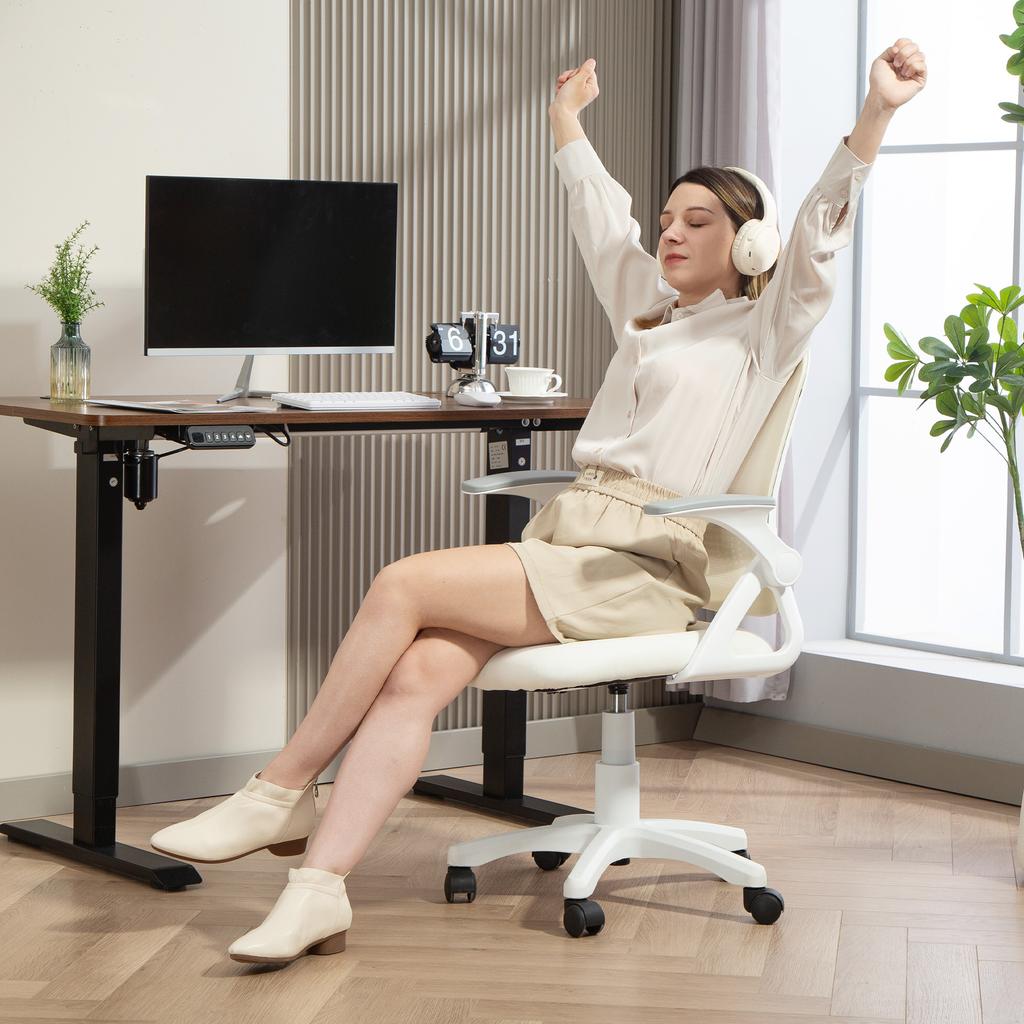 Breathable Mesh Office Chair, Ergonomic Swivel Chair with Folding Armrests and Lumbar Support, White