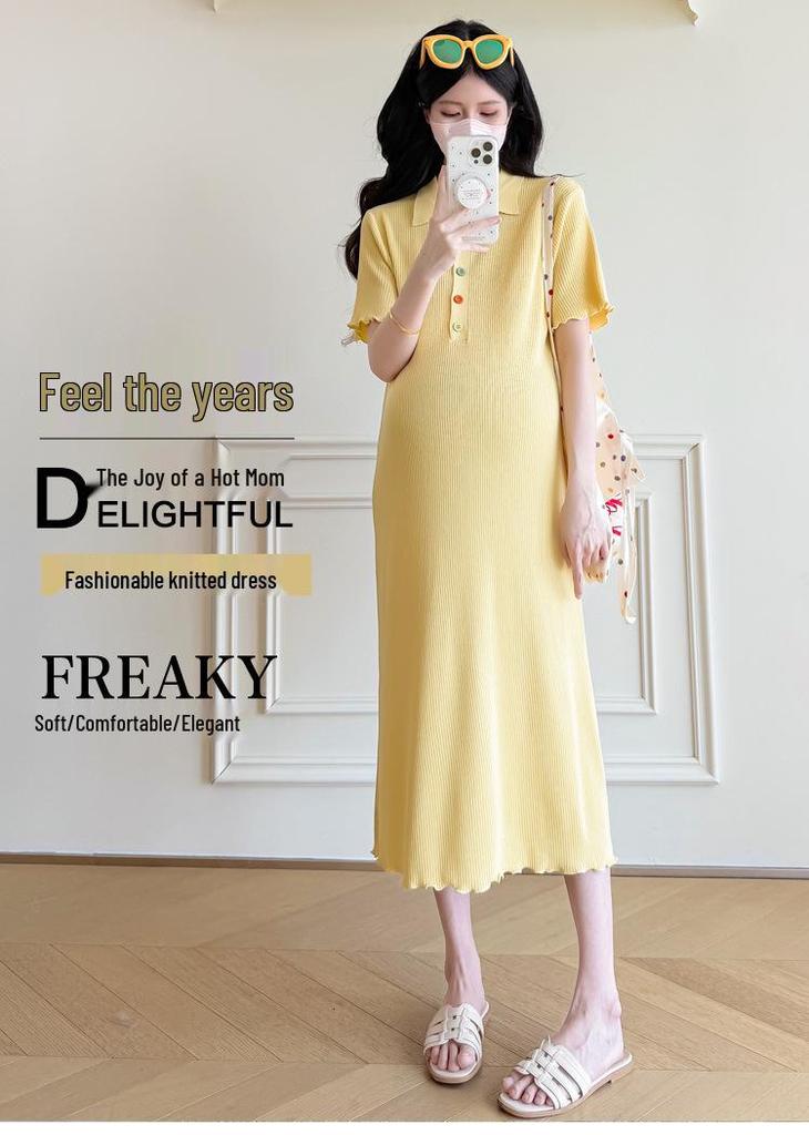 Trendiges Sommer-Strickkleid für Schwangere - Bunter Knopf-POLO-Kragen Rock