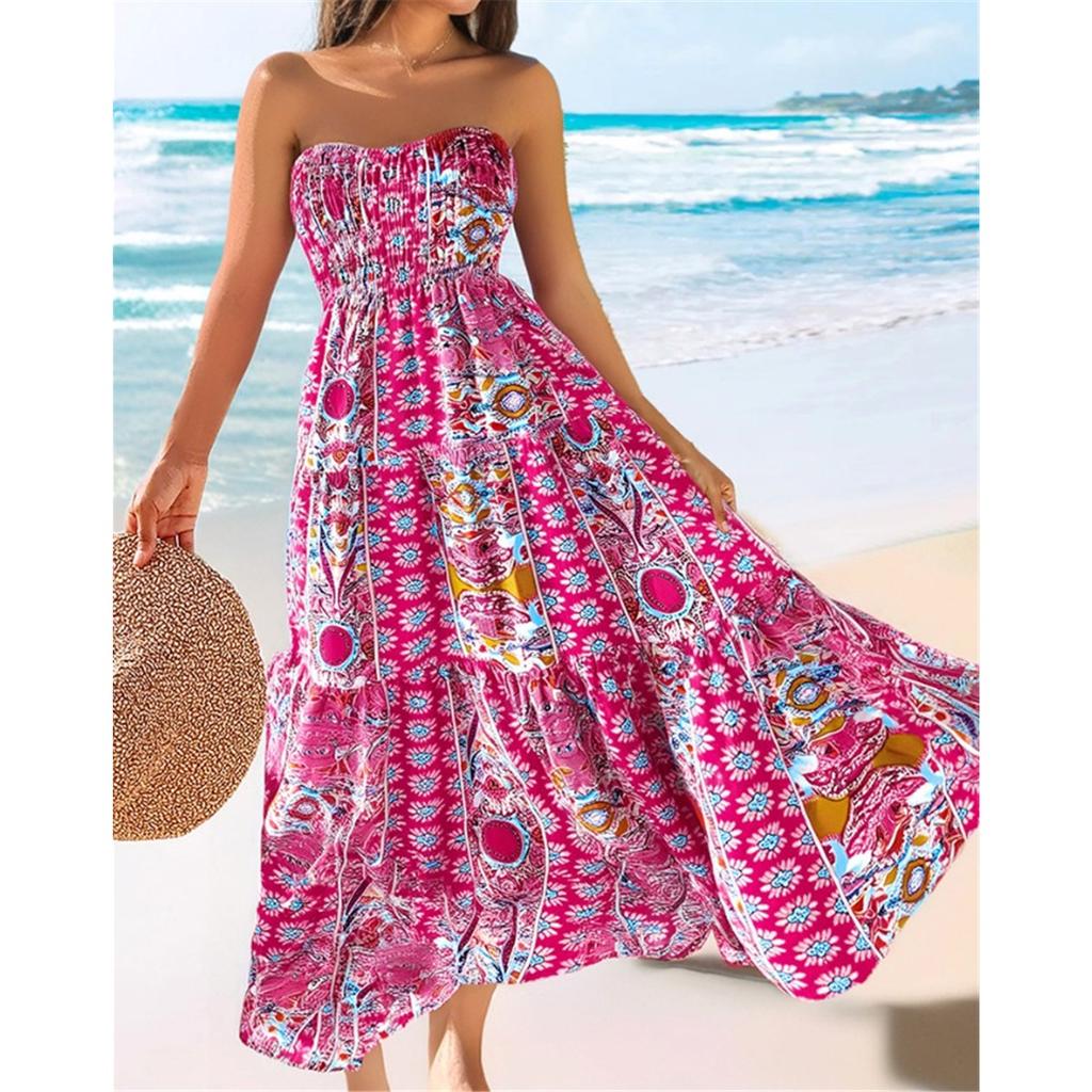 Sommer Neu Böhmischer Urlaubsstil Mehrfarbiger Druck Süßes Bustierkleid Große Schwingkleider für Frauen
