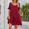 Women's Casual Fashion Summer V-Neck Dresses Solid Color Short Sleeve Pleated Dresses
