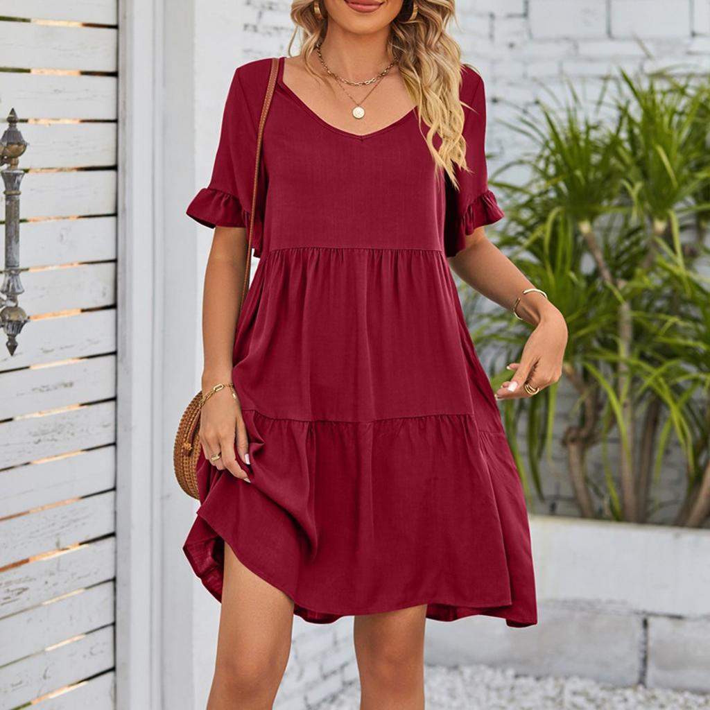 Women's Casual Fashion Summer V-Neck Dresses Solid Color Short Sleeve Pleated Dresses
