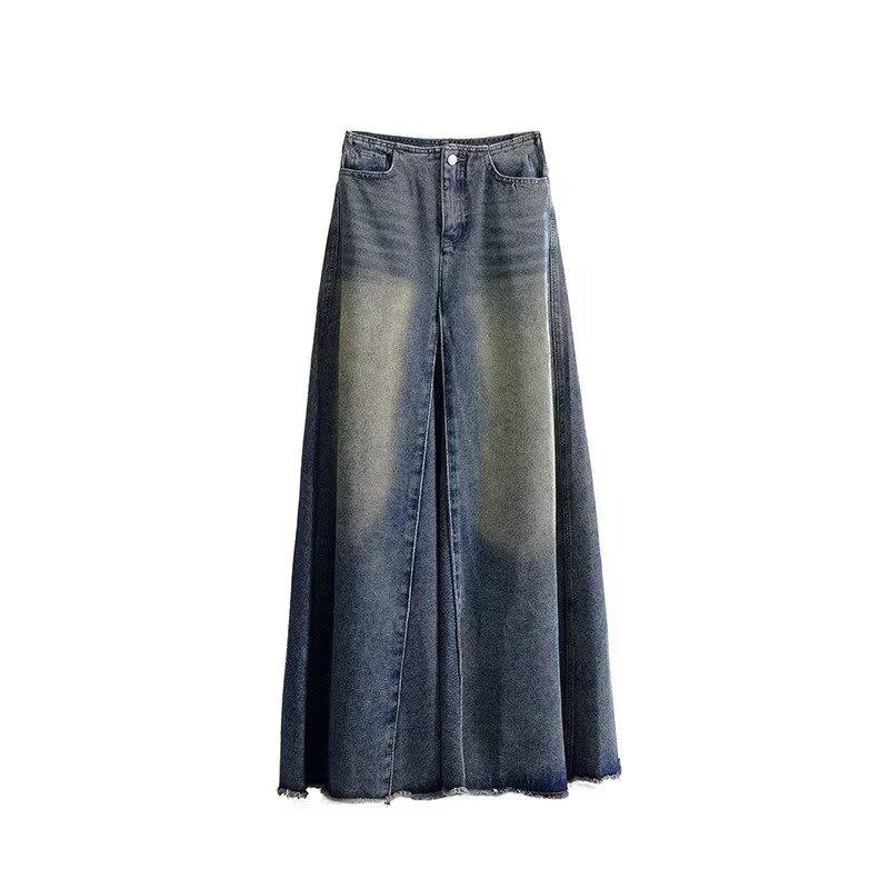 Women's Retro High-Waisted Denim A-Line Skirt - Summer, Washed Blue, Knee-Length