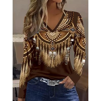 Langärmliges T-Shirt mit V-Ausschnitt und Tribal-Print – lässiges Must-have für Frühling und Herbst, Damenbekleidung, bequemes und vielseitiges Oberteil für den Alltag