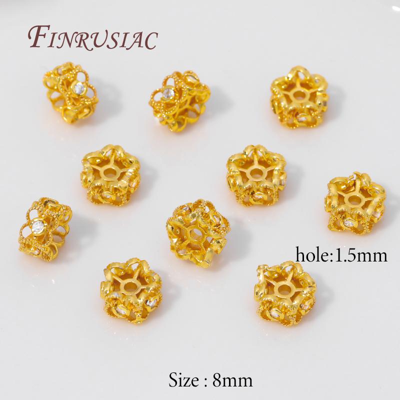 2/4/6pcs 18K Gold Plated Round Flower Beads with Zircon,Metal Separator Beads,Decorative Beads DIY Bracelets Jewelry Accessories