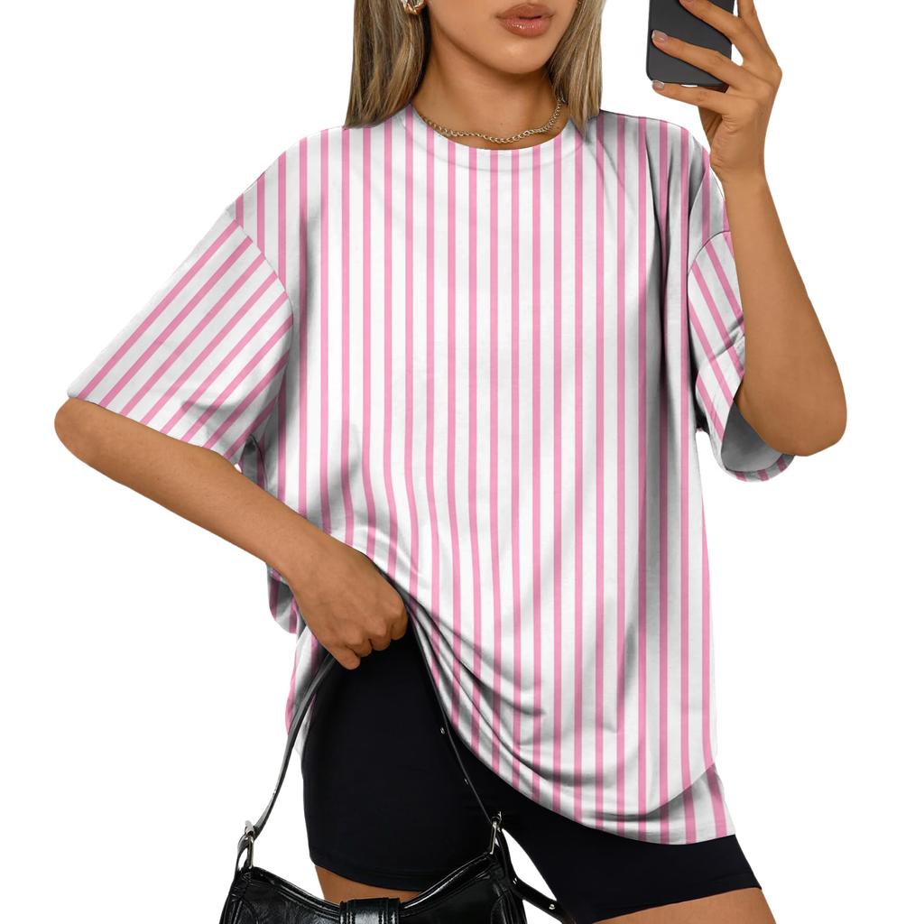 Women’s Casual Loose Fit Striped Short Sleeve Top Summer Oversized Pullover Crew Neck Lightweight Relaxed T Shirt Blouse