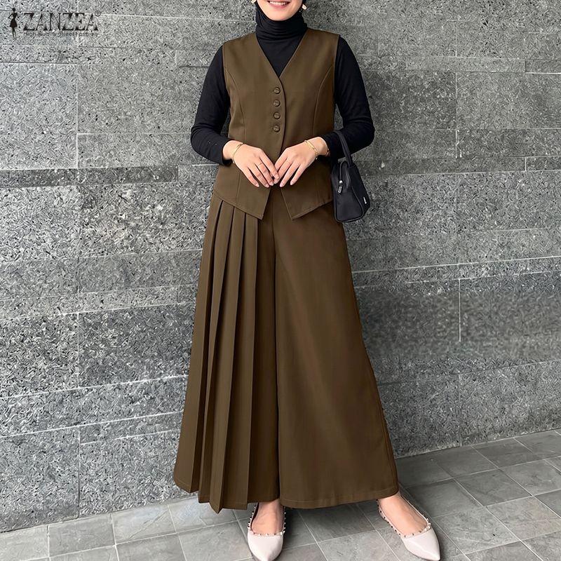 ZANZEA Top Gilet Senza Maniche da Donna e Pantaloni a Gamba Larga Set Casual Due Pezzi