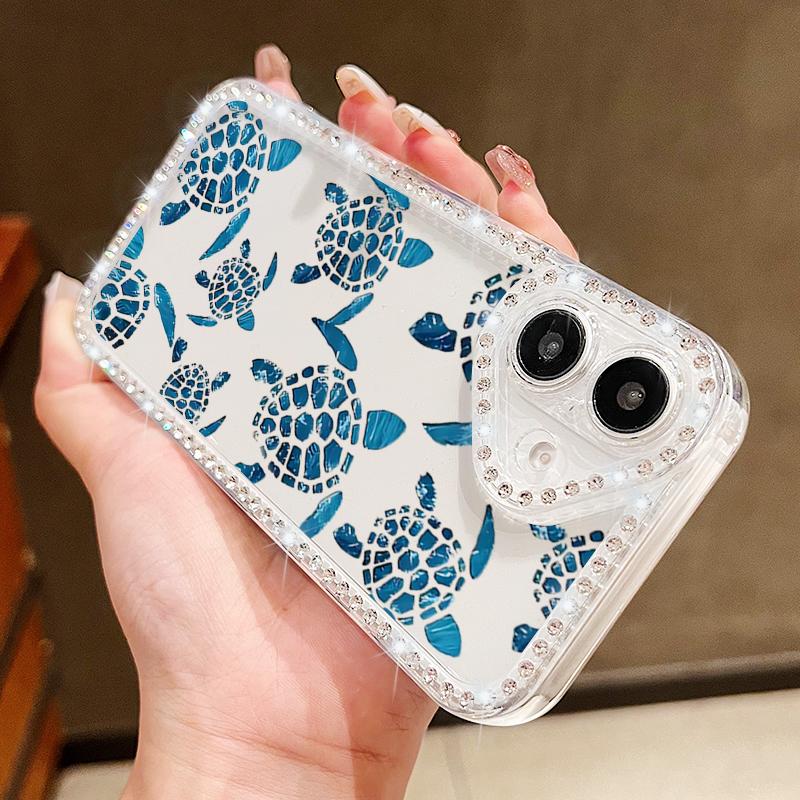 Diamond Frame Clear Phone Case For iPhone 16E 16 Pro Max 15 Pro 14 13 12 11 Whale Turtle Pattern Soft Silicone Shockproof Cover