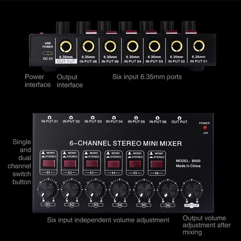Stereo 6 Channel Mixer Sound Mixer 6 Stereo Distributor Volumes Control Mixing for Electric Guitar Keyboards Drum
