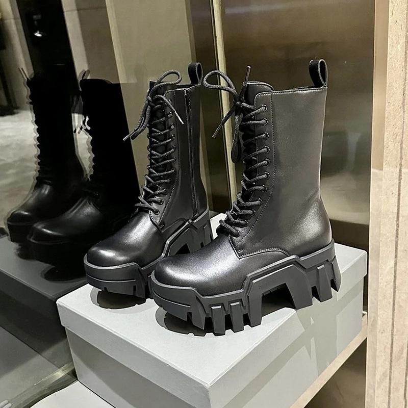 

Round head thick-soled leather lace-up Martin boots heightened gear tank boots cool black punk thick-soled locomotive boots 2025 41