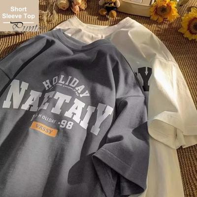 Erkekler yazlık t-shirt Mektup Baskı Kısa Kollu Yuvarlak Boyun Gevşek Retro Japon Tarzı Rahat Günlük Giyim Genç Streetwear Bahar Üst