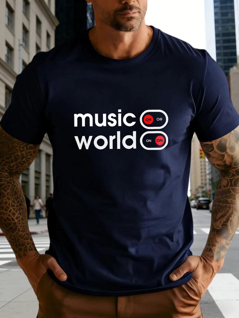 Unisex Crew Neck Cotton T Shirt Music On World Off Graphic Print Short Sleeve Tops Loose Music Casual Summer Tees For Young Male