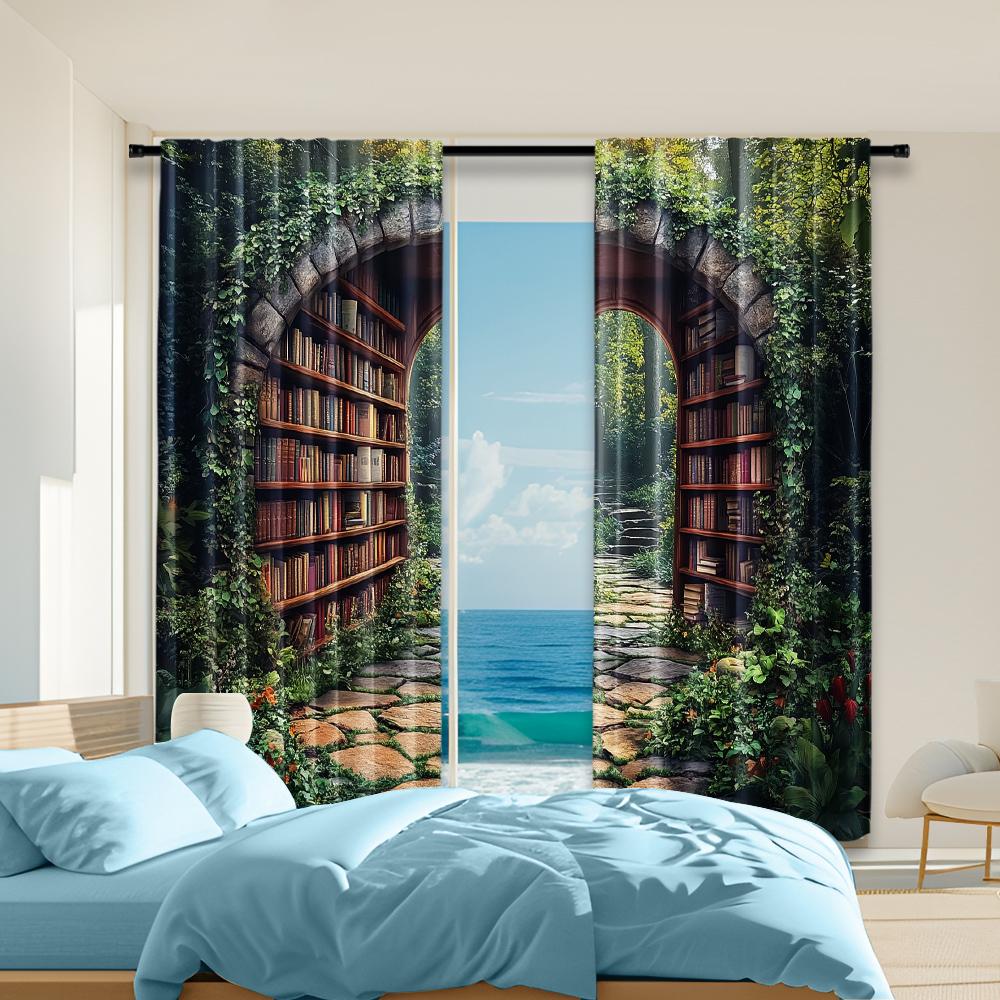 

Set Of 2 Versatile Polyester Transparent Curtains Home Decoration Bookshelf Forest Library Use Bedrooms Living Curtain Perfect For Sleeping Area W100*H70(CM)-Rod Pocket&2PCS