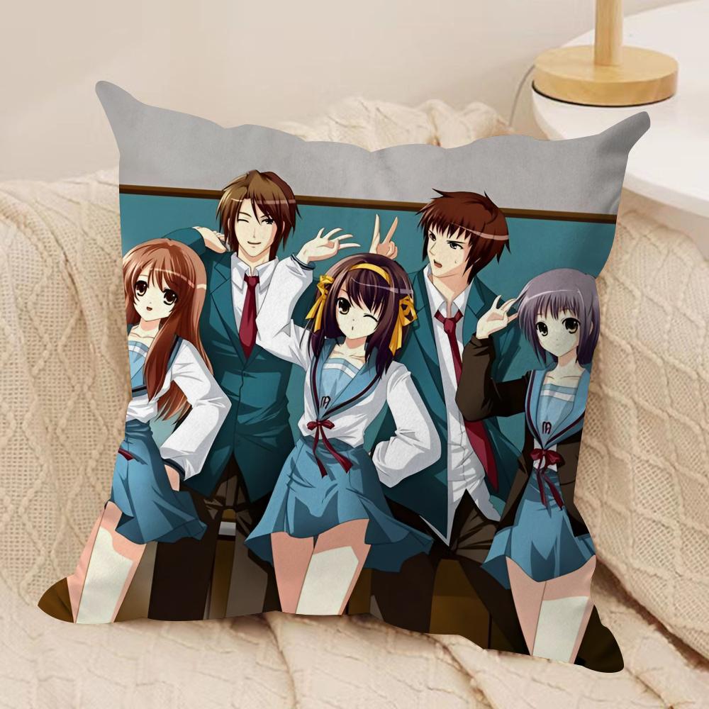 The Melancholy of Haruhi Suzumiya Cushion Cover Soft Plush Fabric Double-Sided Printed Sofa Cushion Cover for All Seasons Decor