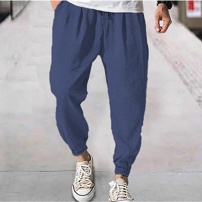 Cotton and Linen Nine Cropped Pants Beach Pants Pocket Drawstring Elastic Waist Solid Color Comfortable and Breathable  Men’s Casual Pants