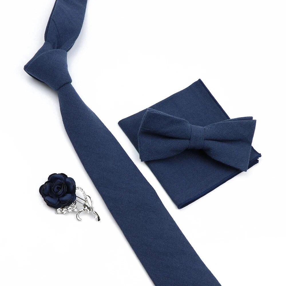 Solid Color Cotton Necktie Set For Men Tie 4pcs Hanky Cufflinks Rhinestone FLoral Brooch Tie Set