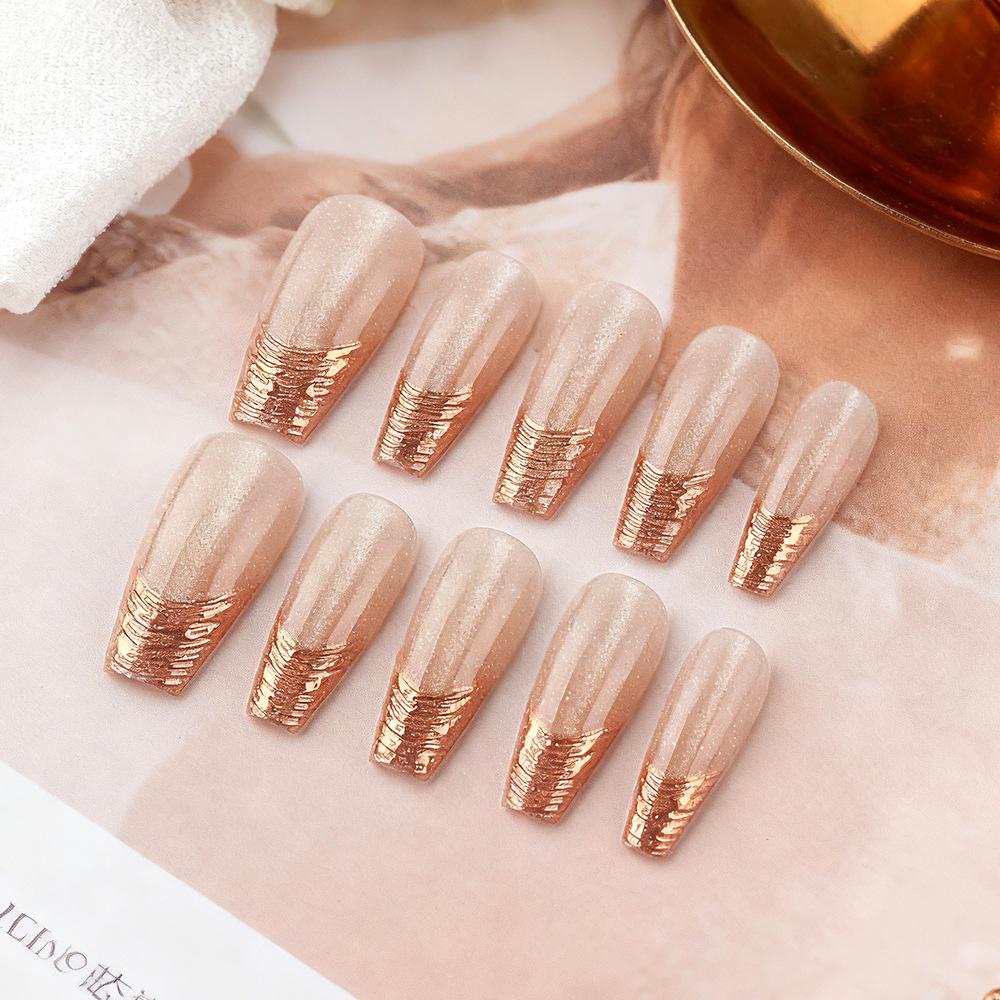Cross-Border Maillard Light Luxury Cat Eye Removable Gilded French Medium-Length Wearable Nails – 30 Piece Set
