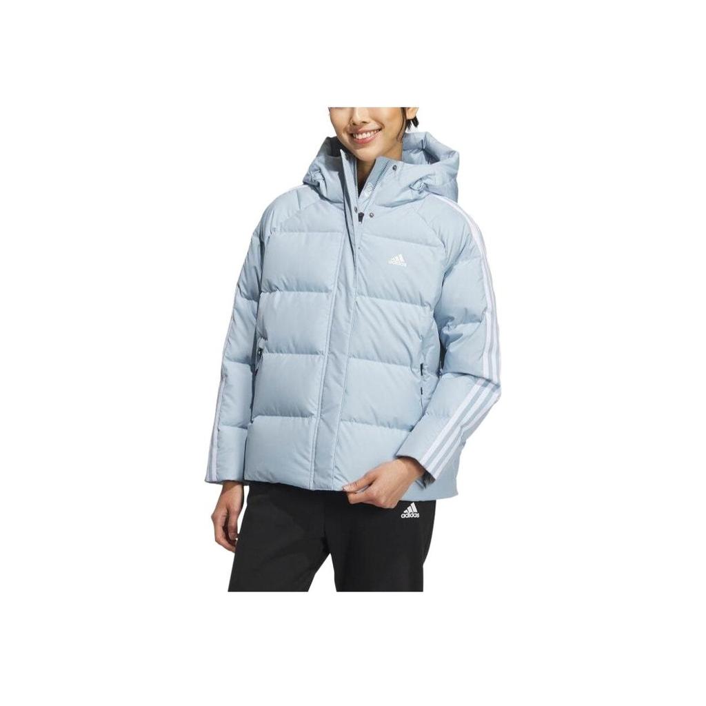 Adidas Logo Print Three-Stripe Zip-Up Hooded Down Jacket Women Outerwear Miracle-Blue IT8718