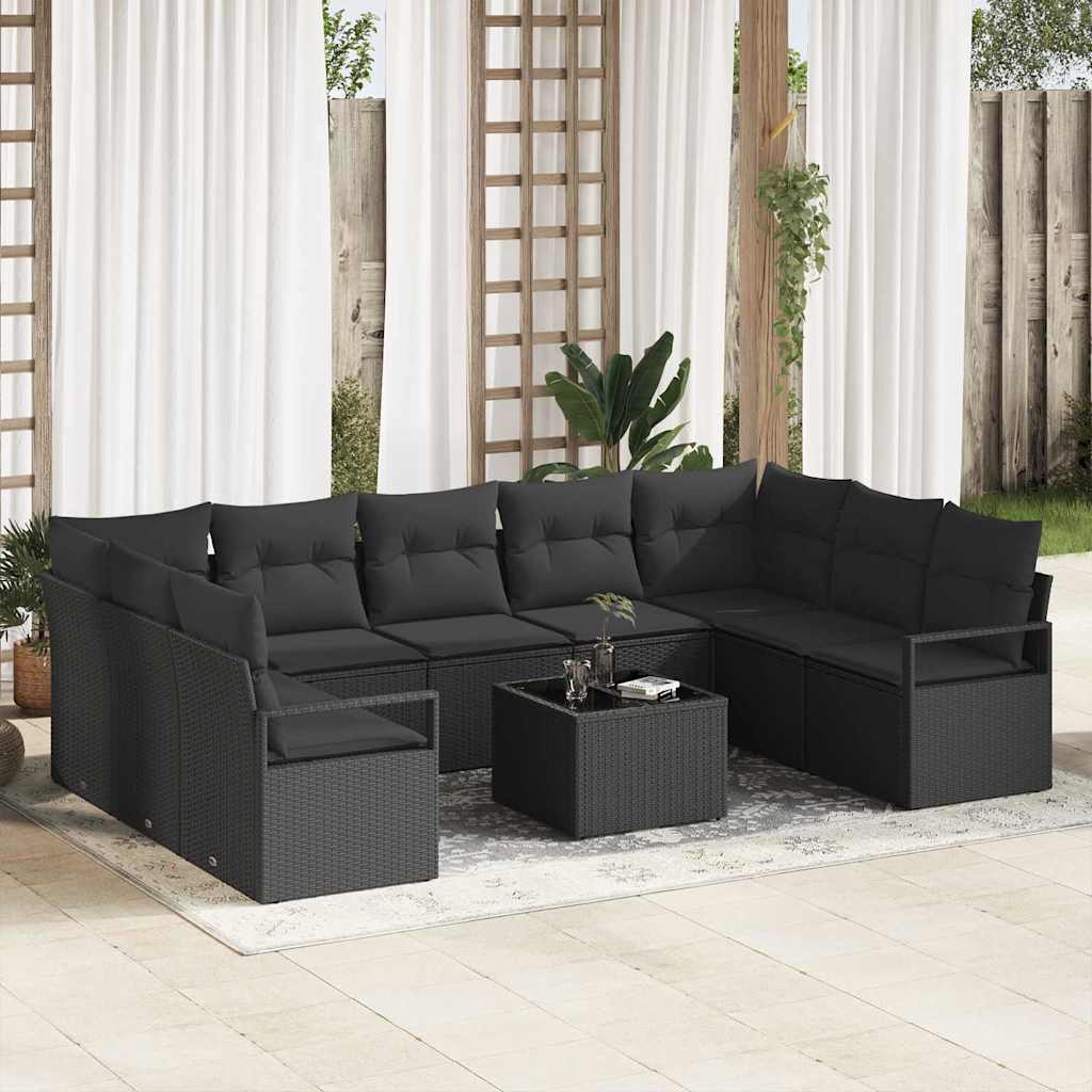 10 Piece Black Poly Rattan Sofa Set with Cushions