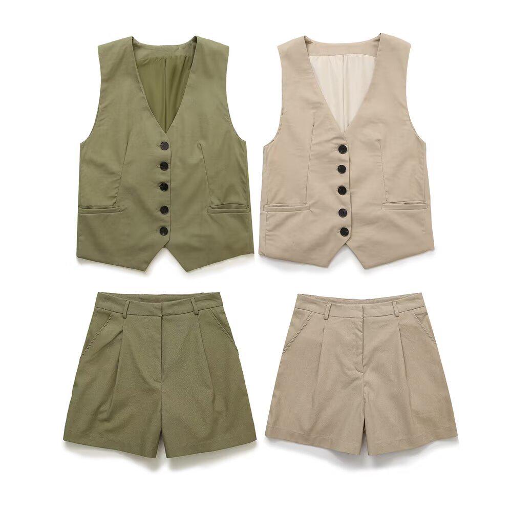 

2025 Spring Women s European & American Linen Blend Vest + Shorts Set Medium