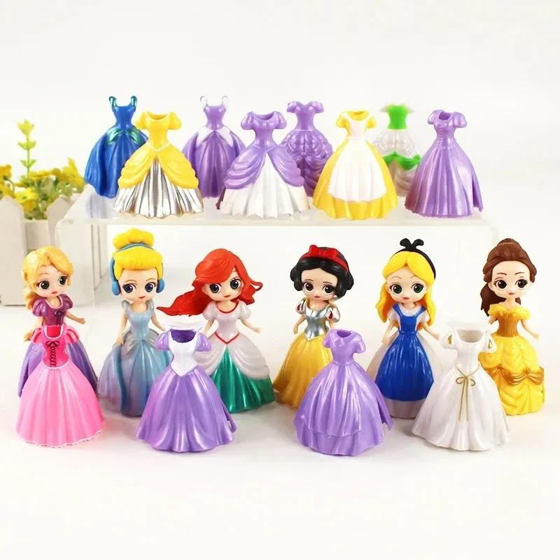 24pcs Cartoon Princess Cinderella Belle Alice Snow White Ariel Rapunzel Action Figures Interchangeable Clothes Toys Dolls Gifts
