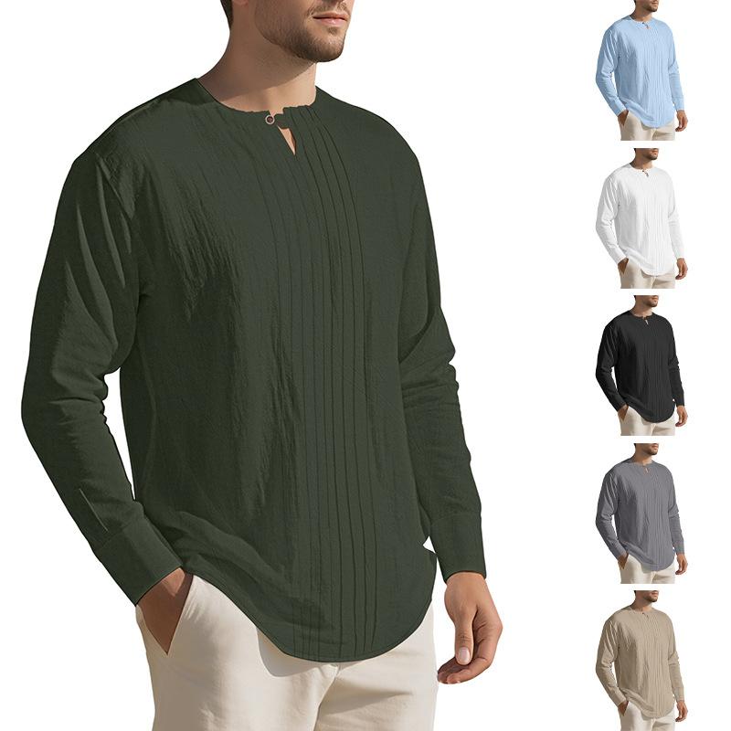Fashion European and American round neck autumn and winter long sleeves new solid color linen design European and American men's casual sports Henry s