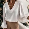 Women Blouse Hollow Out Chain V Neck Polyester Long Sleeve Solid Color Blouse Top Shirt  2XL Women's Clothing