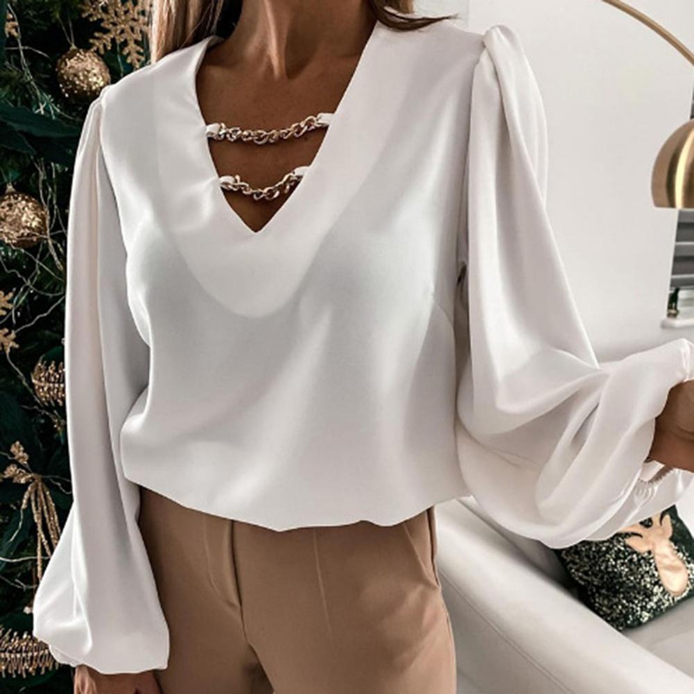 Women Blouse Hollow Out Chain V Neck Polyester Long Sleeve Solid Color Blouse Top Shirt  2XL Women's Clothing