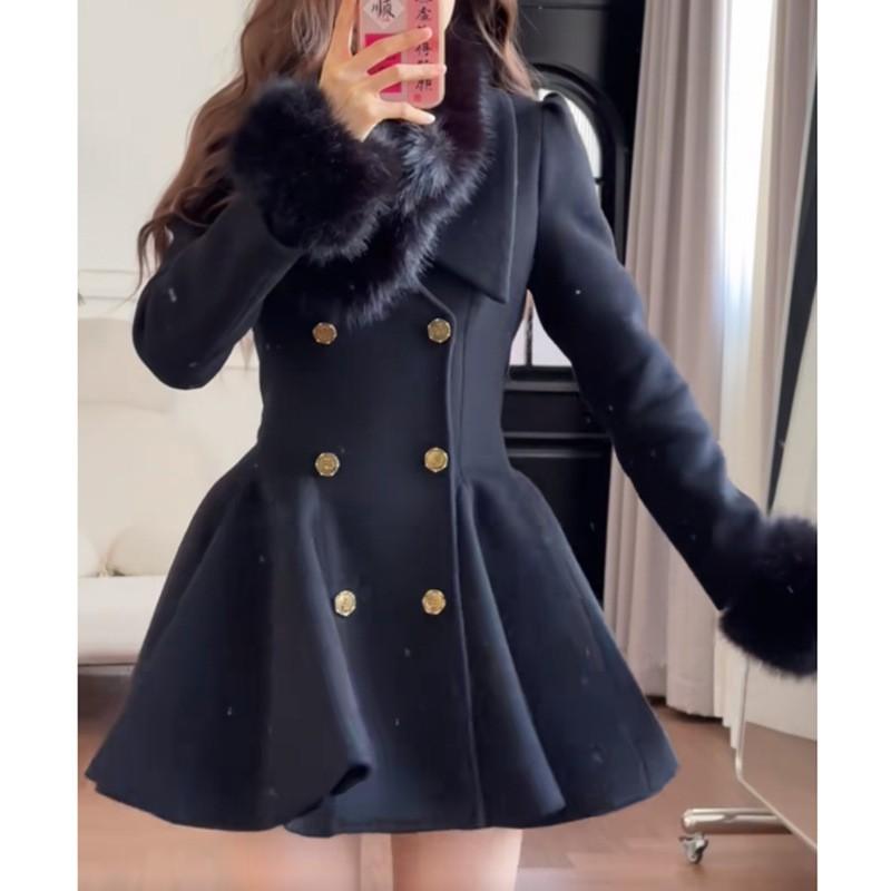 Womens Slim Fit Wool Blend Coat Elegant Fur Trim Double Breasted Turn Down Collar Long Sleeve Solid Color Fashion Outerwear