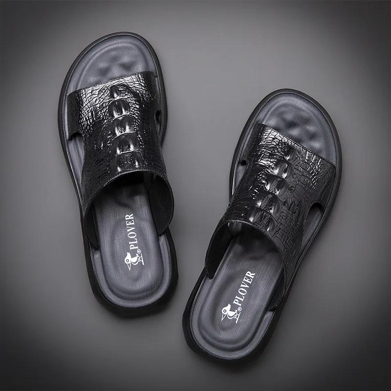 Summer New Shoes for Men Genuine Leather Men Sandals Crocodile Print Casual Slipper Air Cushion Flip Flops Cool Beach Shoes Man
