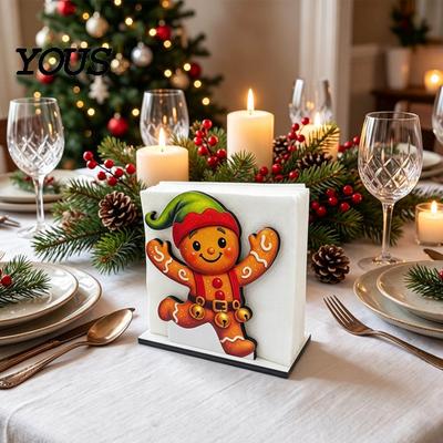 Holiday Party Countertop Organizer Wooden Christmas Napkin Holder, Gingerbread Man And Deer Design, Decorative Ornament Vertical Paper Towel