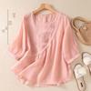 Women's 2023 Literary Embroidered Cotton Linen Blouse - Summer Loose Round Neck Pleated Pullover Top