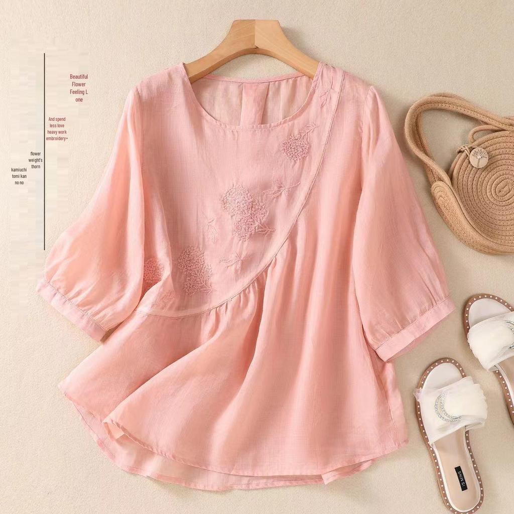 Women's 2023 Literary Embroidered Cotton Linen Blouse - Summer Loose Round Neck Pleated Pullover Top