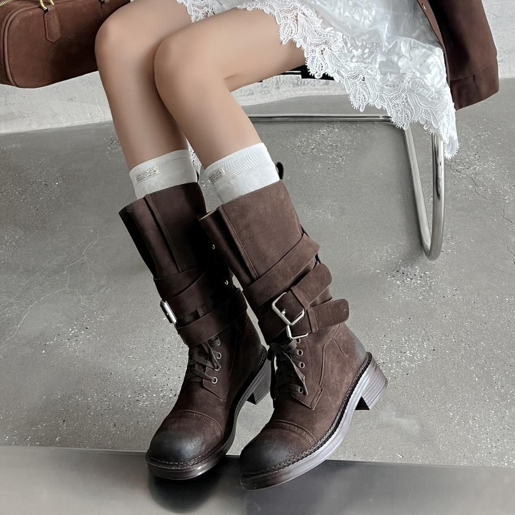 Lan Cabinet 2025 autumn and winter new retro western cowboy boots women's versatile casual mid-tube boots niche locomotive boots