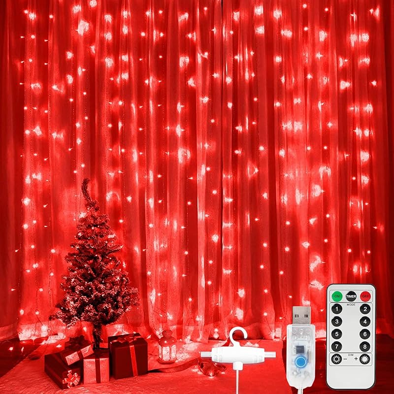 SUNNEST LED Curtain Lights Christmas, 300 LEDs 9.8FT x 9.8FT USB Curtain String Light with 8 Lighting Modes Wall Lights with Remote Control, Twinkle красный