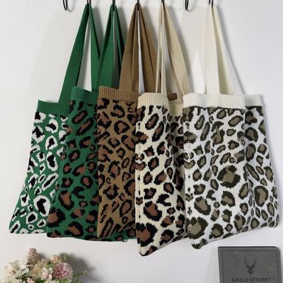 Leopard Printing Knitted Handbag For Women Beach Hobo Bagweave Shoulder Tote Bag Female Boho Style Shopping Woven Handbag