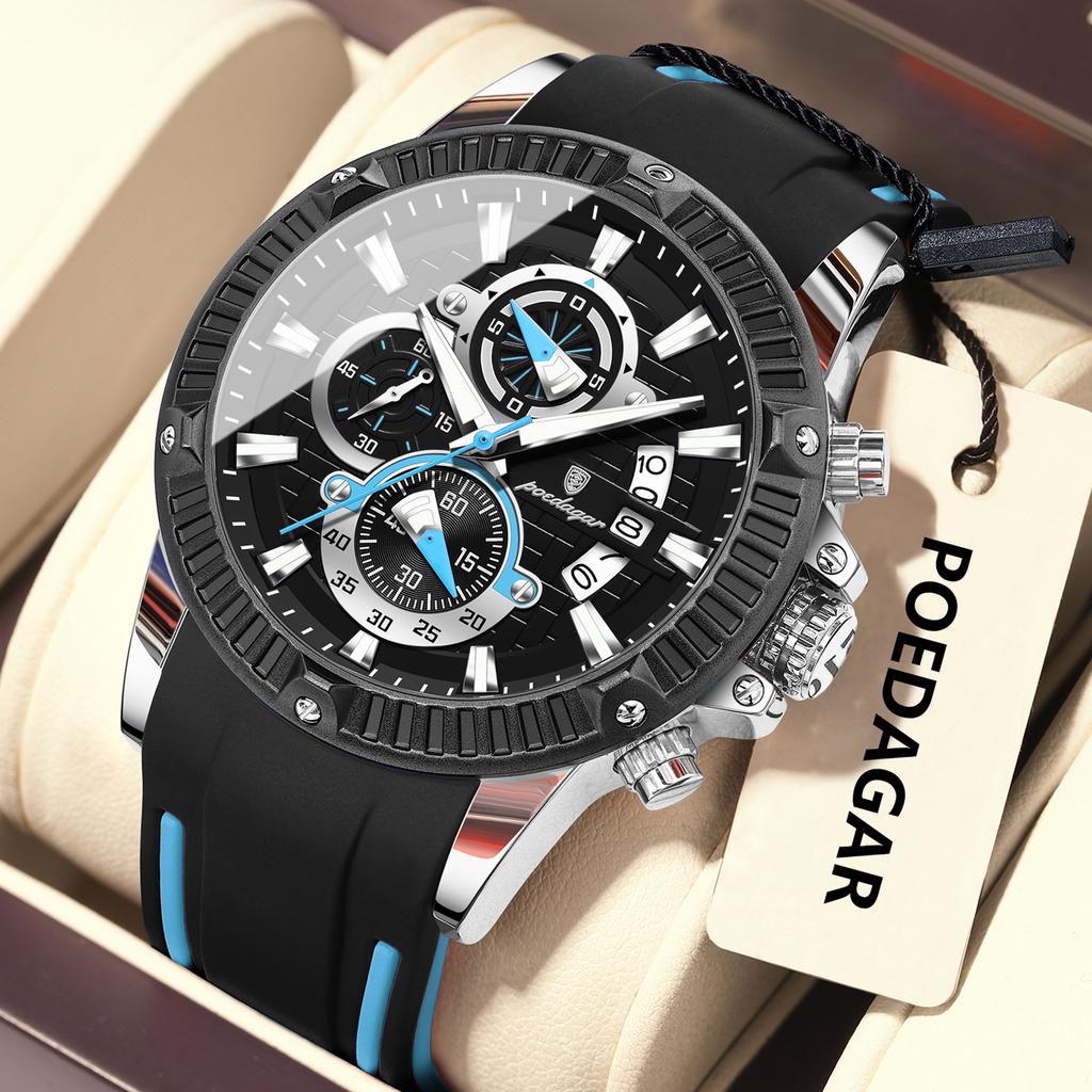 POEDAGAR Sports Men Watches Waterproof Luminous Chronograph Date Military Watch Silicone Strap Quartz Wristwatch Reloj
