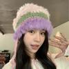 Autumn and winter dopamine stripes contrasting colors plush fisherman's hat children's warm ear protectors knitted hat versatile strap wool hat