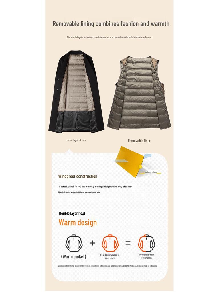 Men's High-End Trench Coat: 71.5% Wool with Slimming Fit and Removable 90% Duck Down Liner for Autumn/Winter