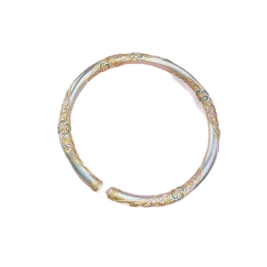 Women's Ethnic Sterling Silver 9999 Bracelet with Gold Inlay, Enamel Blooms, & Four-Leaf Clover Design