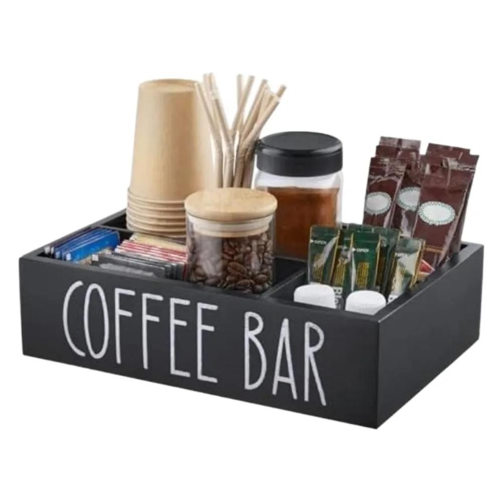 Деревянный органайзер для кофейного бара в ретро-стиле 4 отделения большая вместимость ящик для хранения чая и кофе многофункциональный для дома чёрный 7990₽