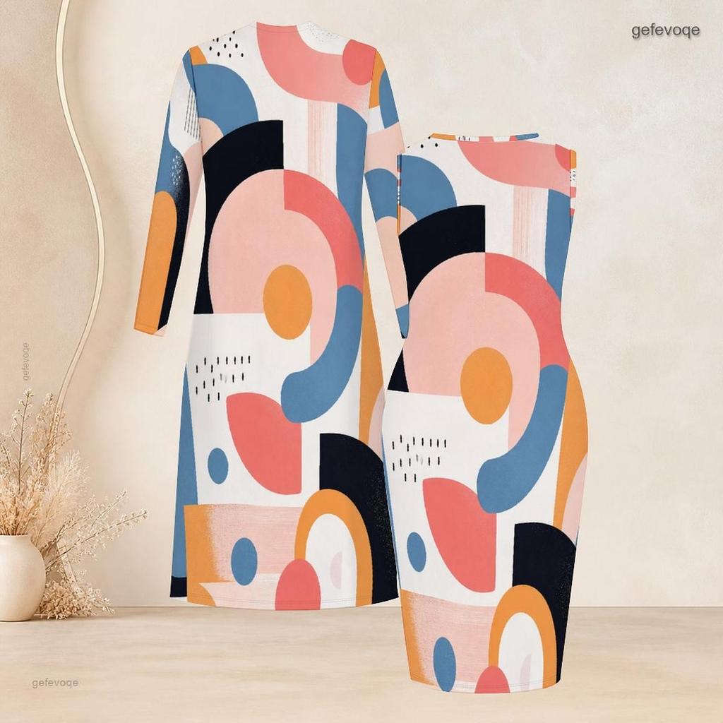 Women Plus Size Two Piece Set Long Sleeve Open Front Cardigan Crew Neck Sleeveless Bodycon Dress Geometric Printed Black Gold Gray