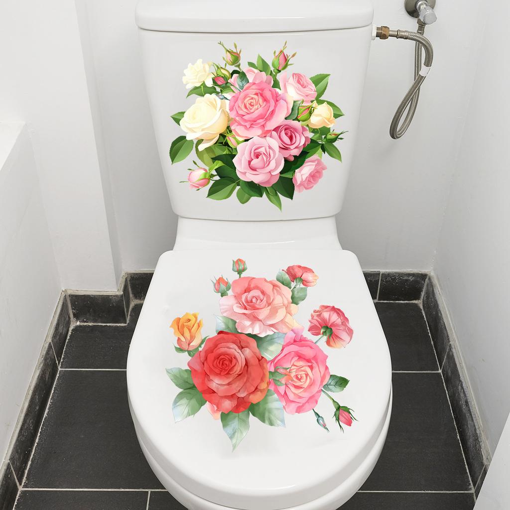 Hand Painted Pink White Flowers Toilet Sticker Self-Adhesive Removable for Bathroom Decoration