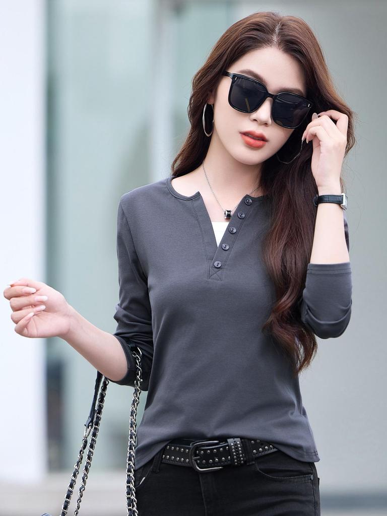 Korean Style Slim Fit V-neck Color Block Patchwork Long Sleeve T-shirt - Cotton Base Layer