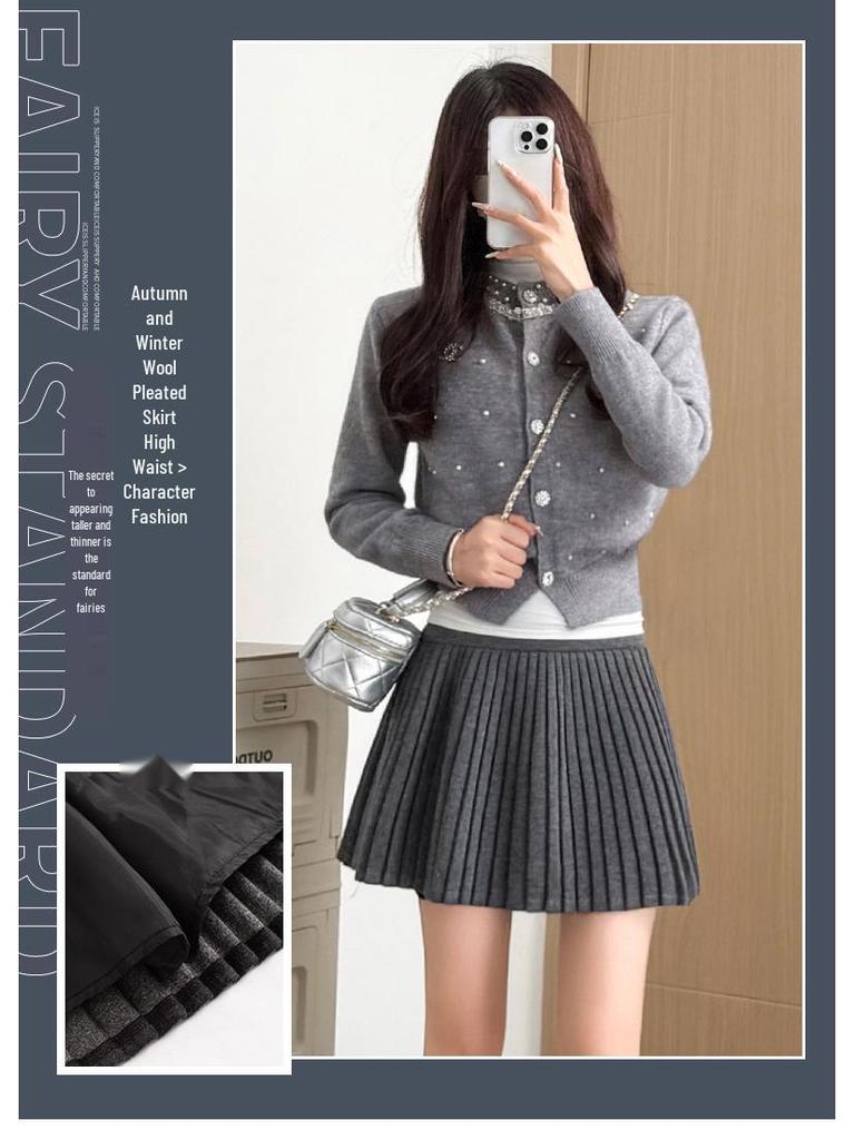 2026 New Petite Women's Grey Woolen A-line Pleated Short Skirt - Fluffy & Slimming Spring Style