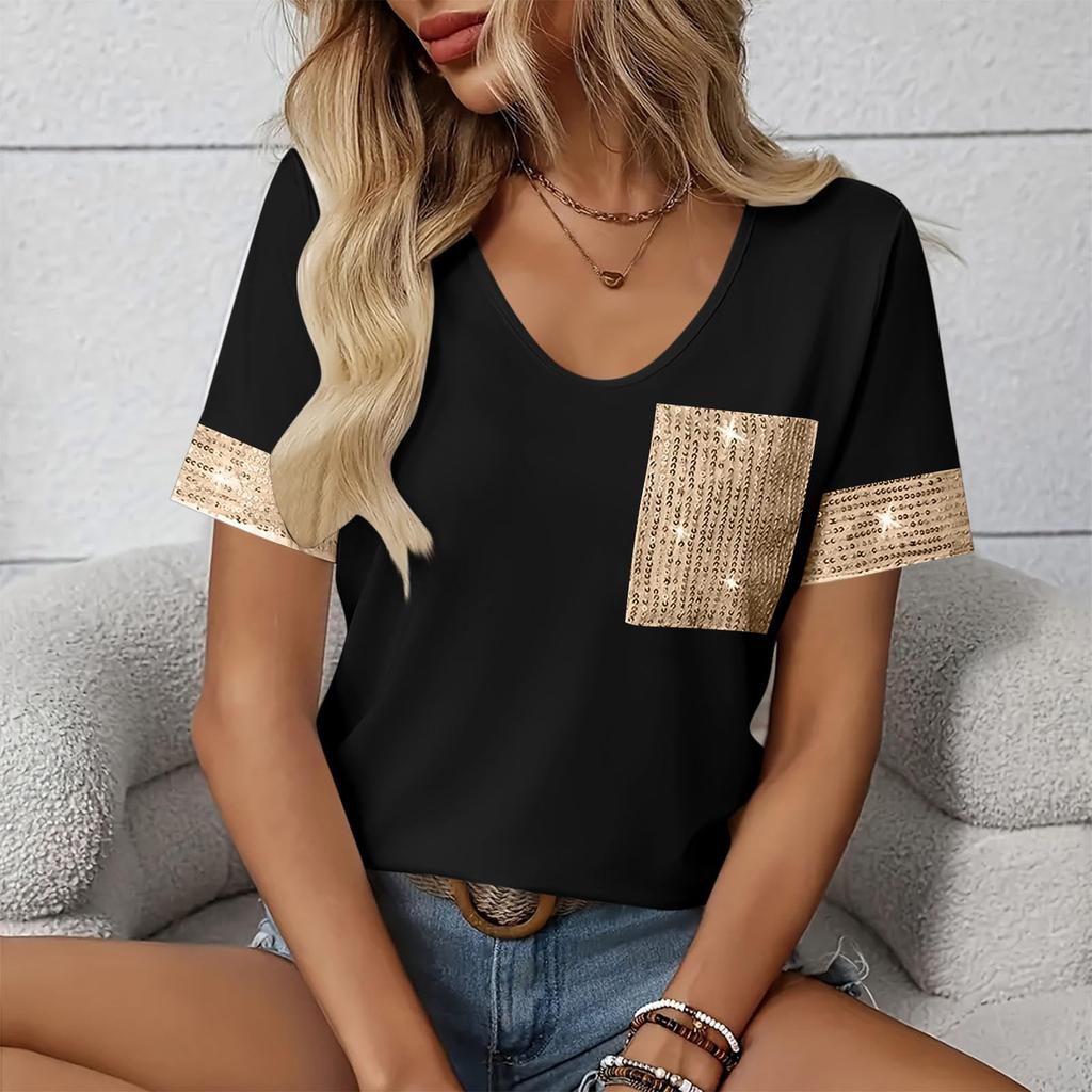 Women Loose Casual Blouse Sequins Patchwork Short Sleeve T-Shirt