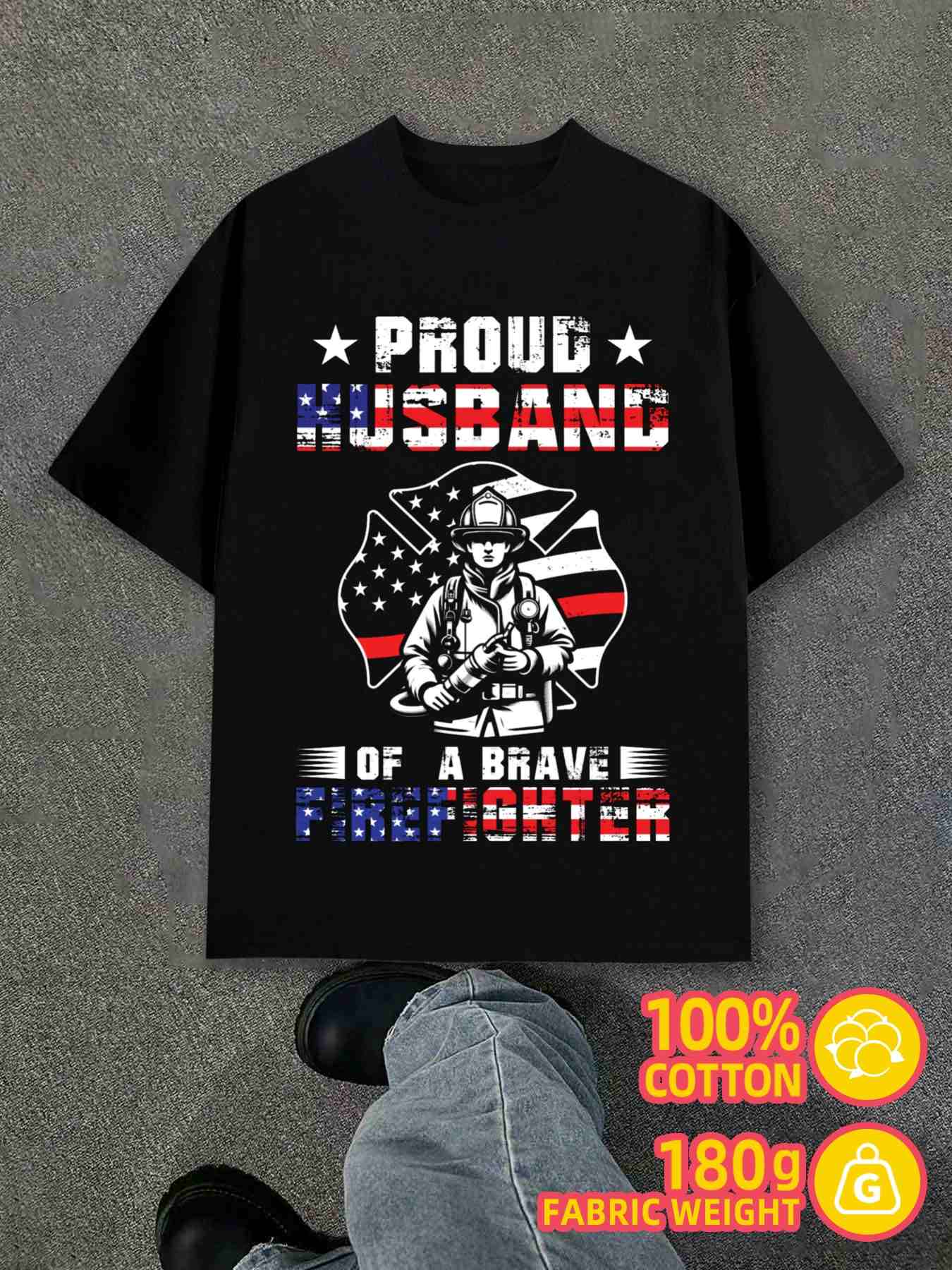 T-Shirt Y2K Proud Firefighter Husband 1pc Black M