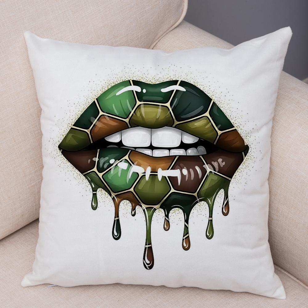 Bold Lip Art Pillowcase Double Print Leopard Pattern Cushion Cover Soft Plush Vibrant Design Pillow Case for Sofa Home Car